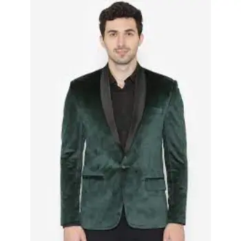 Men Green Solid Single Breasted Velvet Blazer